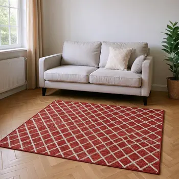 8' X 10' Red And Ivory Geometric Washable Area Rug With UV Protection