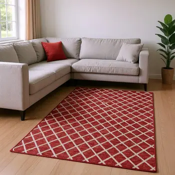 9' X 12' Red And Ivory Geometric Washable Area Rug With UV Protection