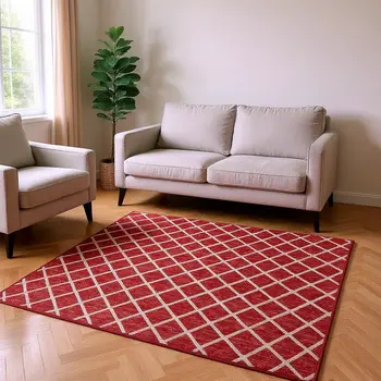 10' X 14' Red And Ivory Geometric Washable Area Rug With UV Protection