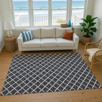 3' X 5' Black And Ivory Geometric Washable Area Rug With UV Protection