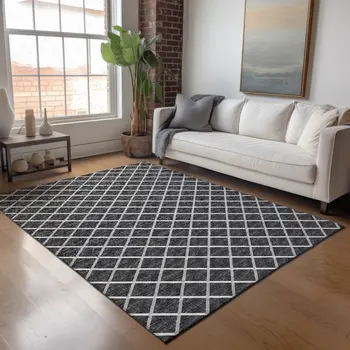 3' X 5' Black And Ivory Geometric Washable Area Rug With UV Protection