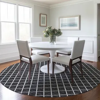 8' Black And Ivory Geometric Washable Round Rug With UV Protection