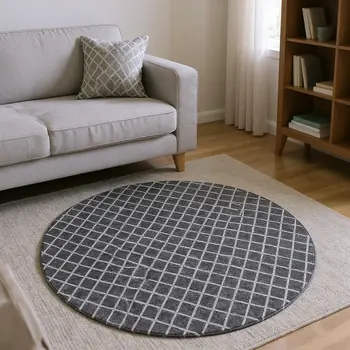 8' Black And Ivory Geometric Washable Round Rug With UV Protection
