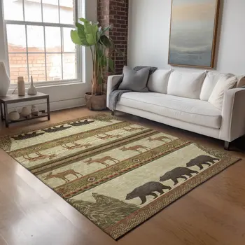 5' X 8' Brown Beige And Rust Animal Print Washable Area Rug With UV Protection