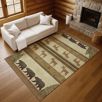 5' X 8' Brown Beige And Rust Animal Print Washable Area Rug With UV Protection