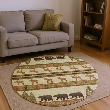 8' Brown Beige And Rust Animal Print Washable Round Rug With UV Protection