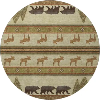 8' Brown Beige And Rust Animal Print Washable Round Rug With UV Protection