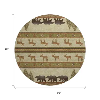 8' Brown Beige And Rust Animal Print Washable Round Rug With UV Protection