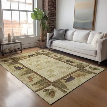 5' X 8' Brown Beige And Rust Animal Print Washable Area Rug With UV Protection
