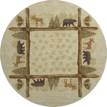 8' Brown Beige And Rust Animal Print Washable Round Rug With UV Protection