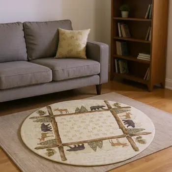 8' Brown Beige And Rust Animal Print Washable Round Rug With UV Protection