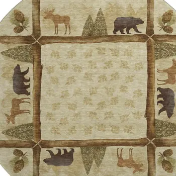 8' Brown Beige And Rust Animal Print Washable Round Rug With UV Protection