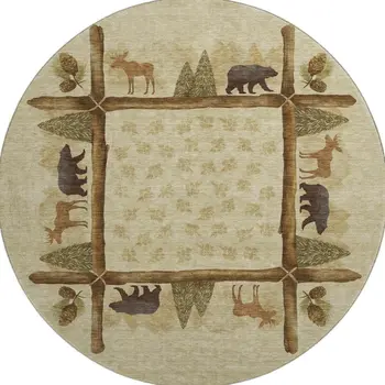 8' Brown Beige And Rust Animal Print Washable Round Rug With UV Protection