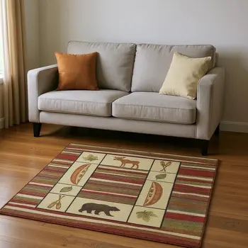 5' X 8' Brown Beige And Rust Animal Print Washable Area Rug With UV Protection