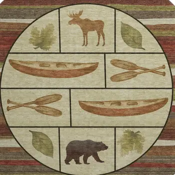 8' Brown Beige And Rust Animal Print Washable Round Rug With UV Protection