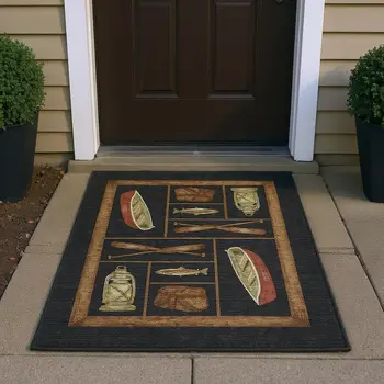 3' X 5' Midnight Brown And Rust Nautical Washable Area Rug With UV Protection