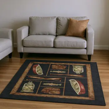 5' X 8' Midnight Brown And Rust Nautical Washable Area Rug With UV Protection