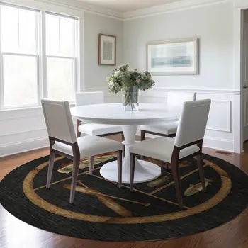 8' Midnight Brown And Rust Nautical Washable Round Rug With UV Protection