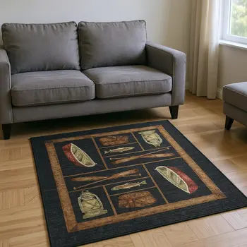 8' X 10' Midnight Brown And Rust Nautical Washable Area Rug With UV Protection