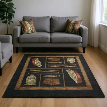 9' X 12' Midnight Brown And Rust Nautical Washable Area Rug With UV Protection