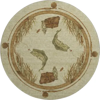 8' Khaki Beige And Green Nautical Washable Round Rug With UV Protection