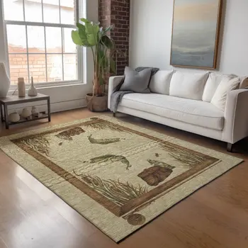 8' X 10' Khaki Beige And Green Nautical Washable Area Rug With UV Protection