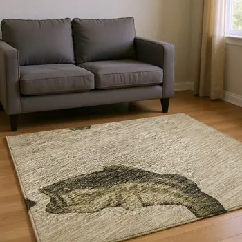 8' X 10' Khaki Beige And Green Nautical Washable Area Rug With UV Protection