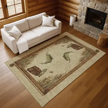 9' X 12' Khaki Beige And Green Nautical Washable Area Rug With UV Protection