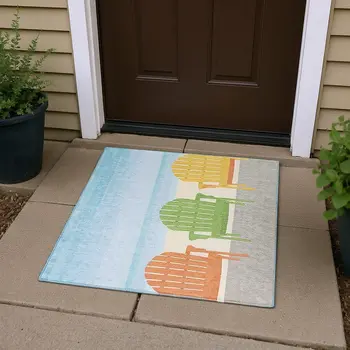 3' X 5' Aqua Green And Orange Nautical Washable Area Rug With UV Protection