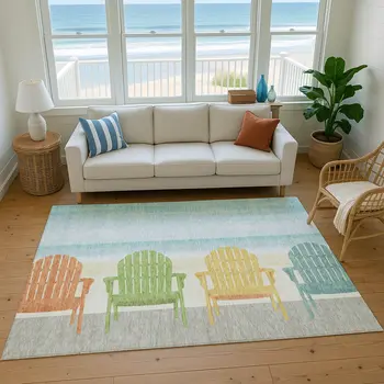 5' X 8' Aqua Green And Orange Nautical Washable Area Rug With UV Protection