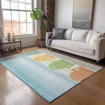 5' X 8' Aqua Green And Orange Nautical Washable Area Rug With UV Protection