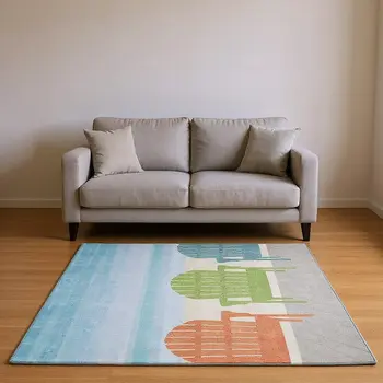 5' X 8' Aqua Green And Orange Nautical Washable Area Rug With UV Protection