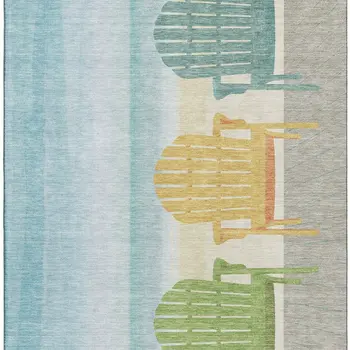 5' X 8' Aqua Green And Orange Nautical Washable Area Rug With UV Protection