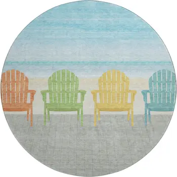 8' Aqua Green And Orange Nautical Washable Round Rug With UV Protection