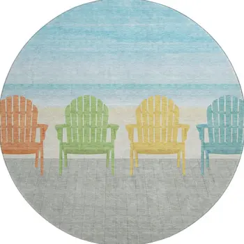 8' Aqua Green And Orange Nautical Washable Round Rug With UV Protection