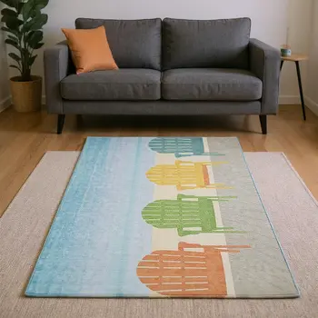 10' X 14' Aqua Green And Orange Nautical Washable Area Rug With UV Protection
