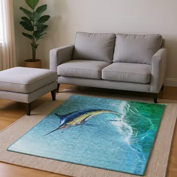 5' X 8' Caribbean Blue Emerald And Beige Nautical Washable Area Rug With UV Protection