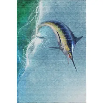 5' X 8' Caribbean Blue Emerald And Beige Nautical Washable Area Rug With UV Protection