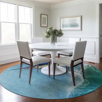 8' Caribbean Blue Emerald And Beige Nautical Washable Round Rug With UV Protection
