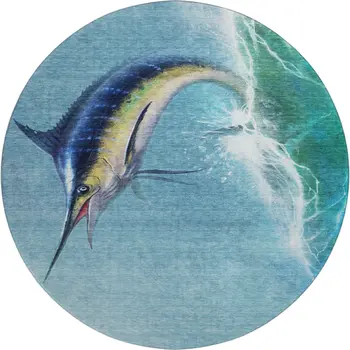 8' Caribbean Blue Emerald And Beige Nautical Washable Round Rug With UV Protection