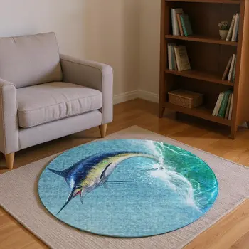 8' Caribbean Blue Emerald And Beige Nautical Washable Round Rug With UV Protection