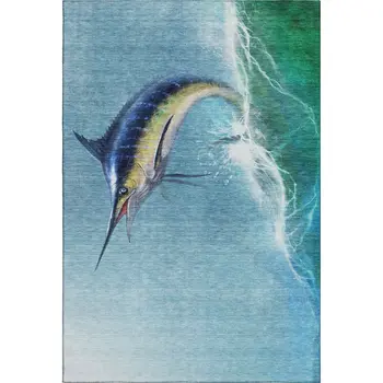 8' X 10' Caribbean Blue Emerald And Beige Nautical Washable Area Rug With UV Protection