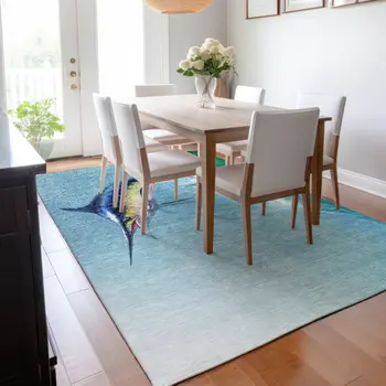 8' X 10' Caribbean Blue Emerald And Beige Nautical Washable Area Rug With UV Protection