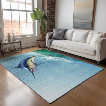 9' X 12' Caribbean Blue Emerald And Beige Nautical Washable Area Rug With UV Protection