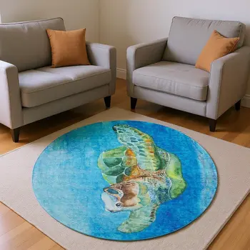 8' Pacific Blue Emerald And Beige Nautical Washable Round Rug With UV Protection