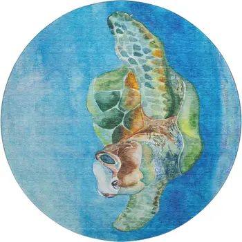 8' Pacific Blue Emerald And Beige Nautical Washable Round Rug With UV Protection