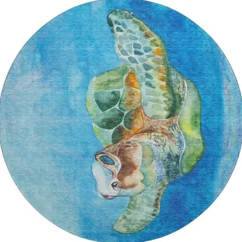 8' Pacific Blue Emerald And Beige Nautical Washable Round Rug With UV Protection