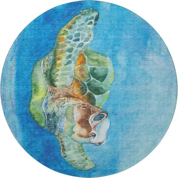 8' Pacific Blue Emerald And Beige Nautical Washable Round Rug With UV Protection