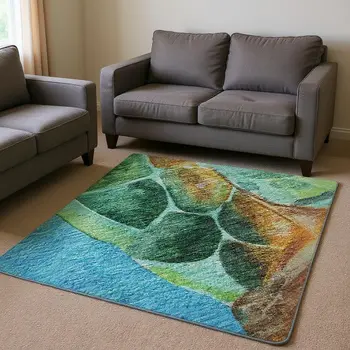 8' X 10' Pacific Blue Emerald And Beige Nautical Washable Area Rug With UV Protection