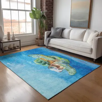8' X 10' Pacific Blue Emerald And Beige Nautical Washable Area Rug With UV Protection